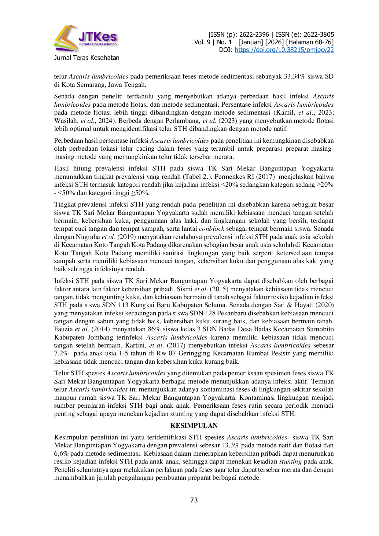 JURIS Identifikasi Soil Transmitted Helminths STH Pada Berbagai Metode Pemeriksaan