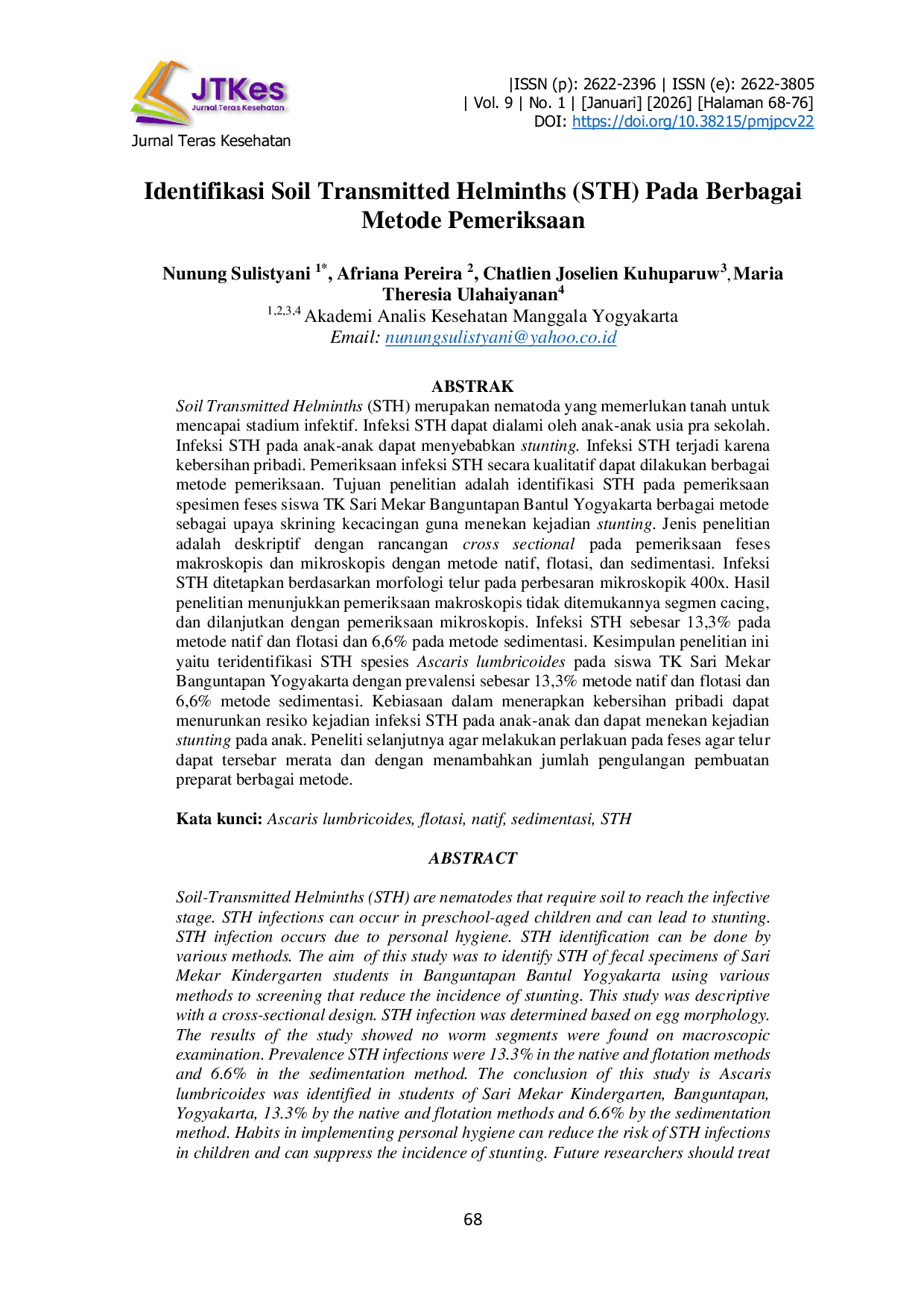 JURIS Identifikasi Soil Transmitted Helminths STH Pada Berbagai Metode Pemeriksaan