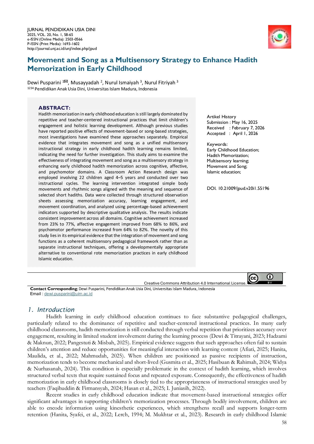 JURIS Movement and Song as a Multisensory Strategy to Enhance Hadith Memorization in Early Childhood