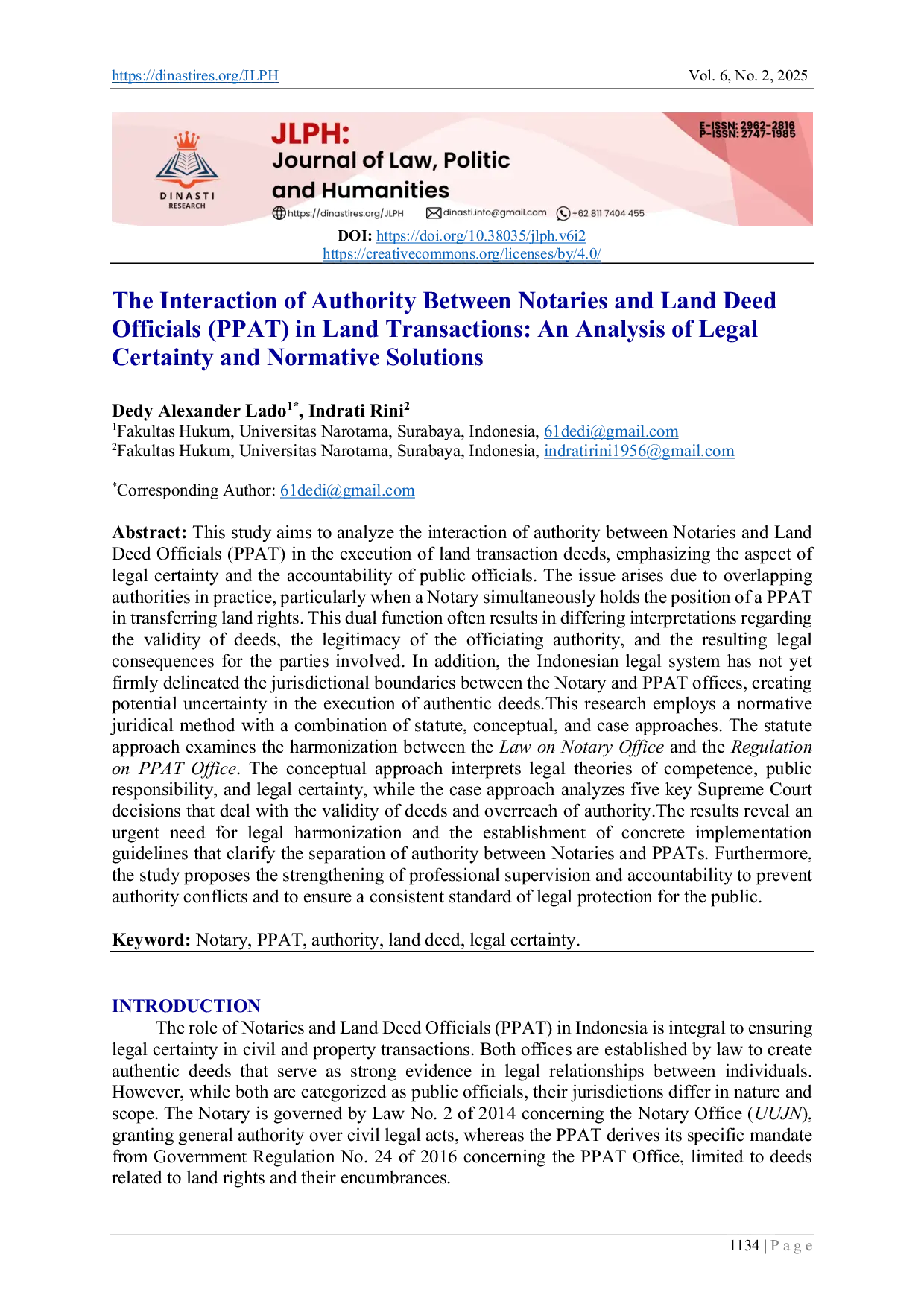 JURIS The Interaction of Authority Between Notaries and Land Deed Officials PPAT in Land Transactions An Analysis of Legal Certainty and Normative Solutions