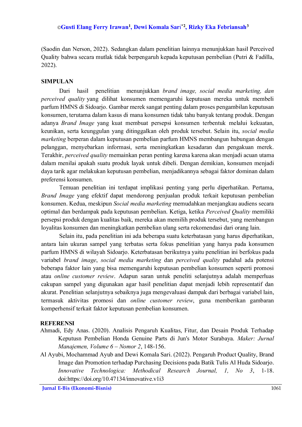JURIS Dapatkah Brand Image Social Media Marketing Perceived Quality Terhadap Keputusan Pembelian Parfume HMNS di Sidoarjo