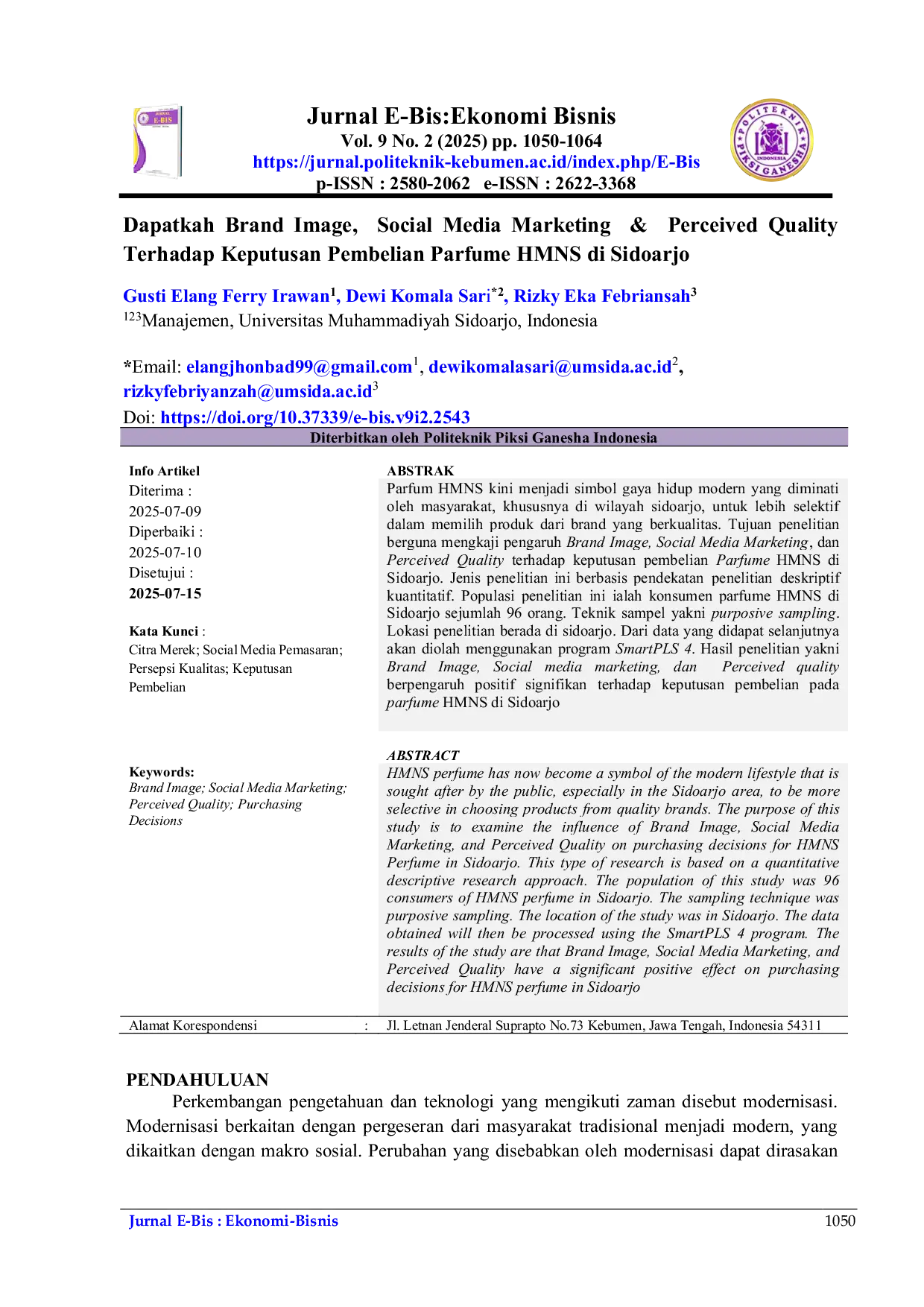 JURIS Dapatkah Brand Image Social Media Marketing Perceived Quality Terhadap Keputusan Pembelian Parfume HMNS di Sidoarjo