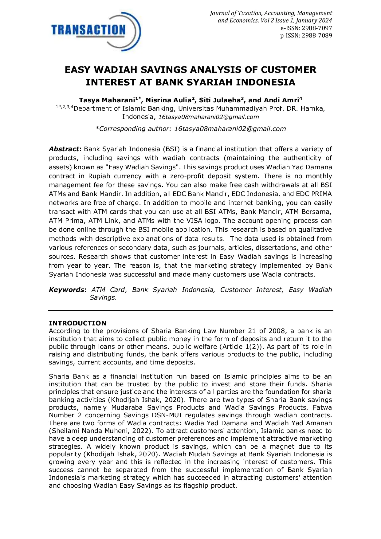 JURIS Easy Wadiah Savings Analysis of Customer Interest at Bank Syariah Indonesia