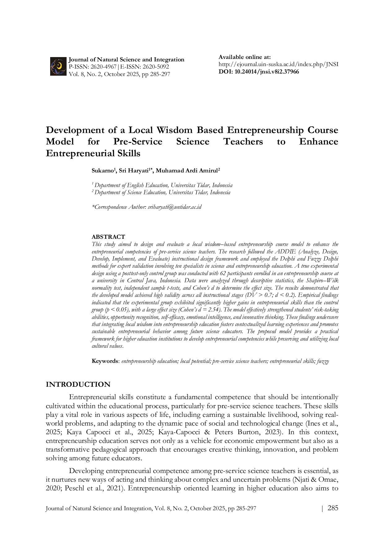 JURIS Development of a Local Wisdom Based Entrepreneurship Course Model for Pre Service Science Teachers to Enhance Entrepreneurial Skills