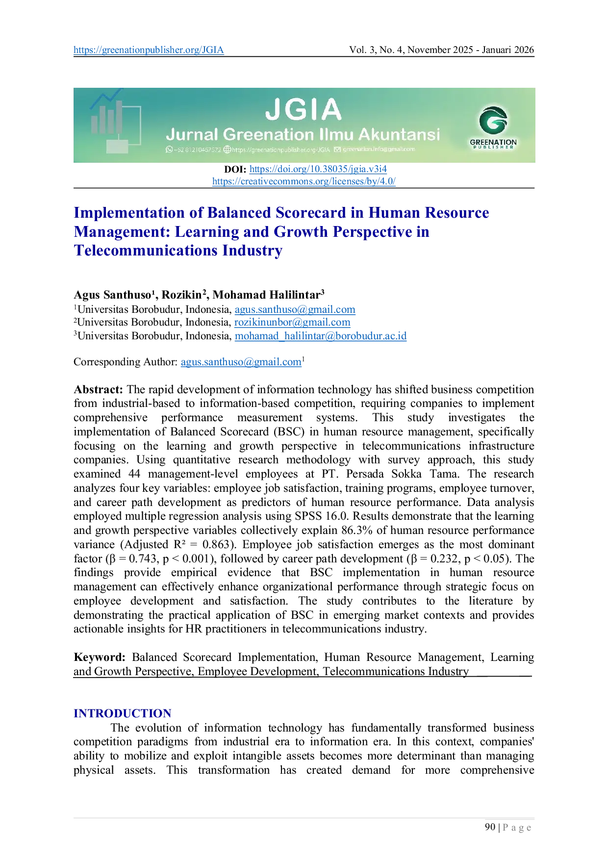 JURIS Implementation of Balanced Scorecard in Human Resource Management Learning and Growth Perspective in Telecommunications Industry