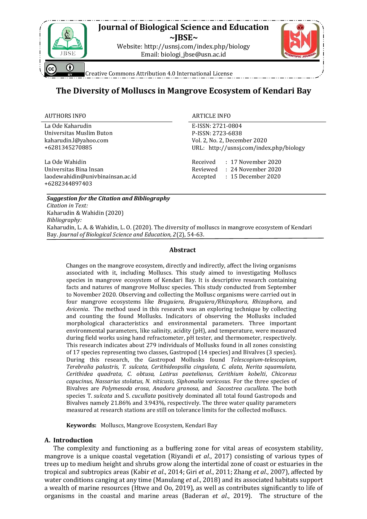 JURIS The Diversity of Molluscs in Mangrove Ecosystem of Kendari Bay