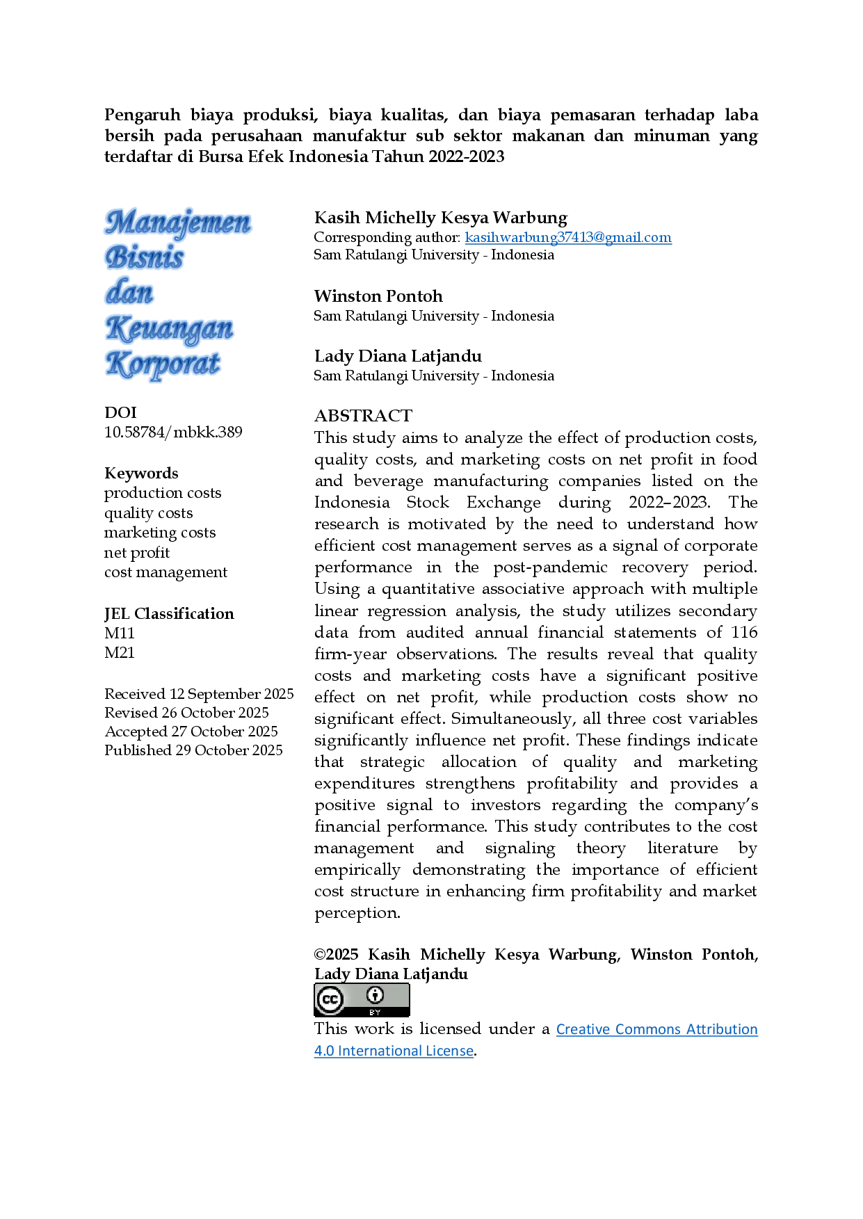 JURIS Pengaruh Biaya Produksi Biaya Kualitas dan Biaya Pemasaran Terhadap Laba Bersih pada Perusahaan Manufaktur Sub Sektor Makanan dan Minuman yang Terdaftar di Bursa Efek Indonesia Tahun 2022 2023