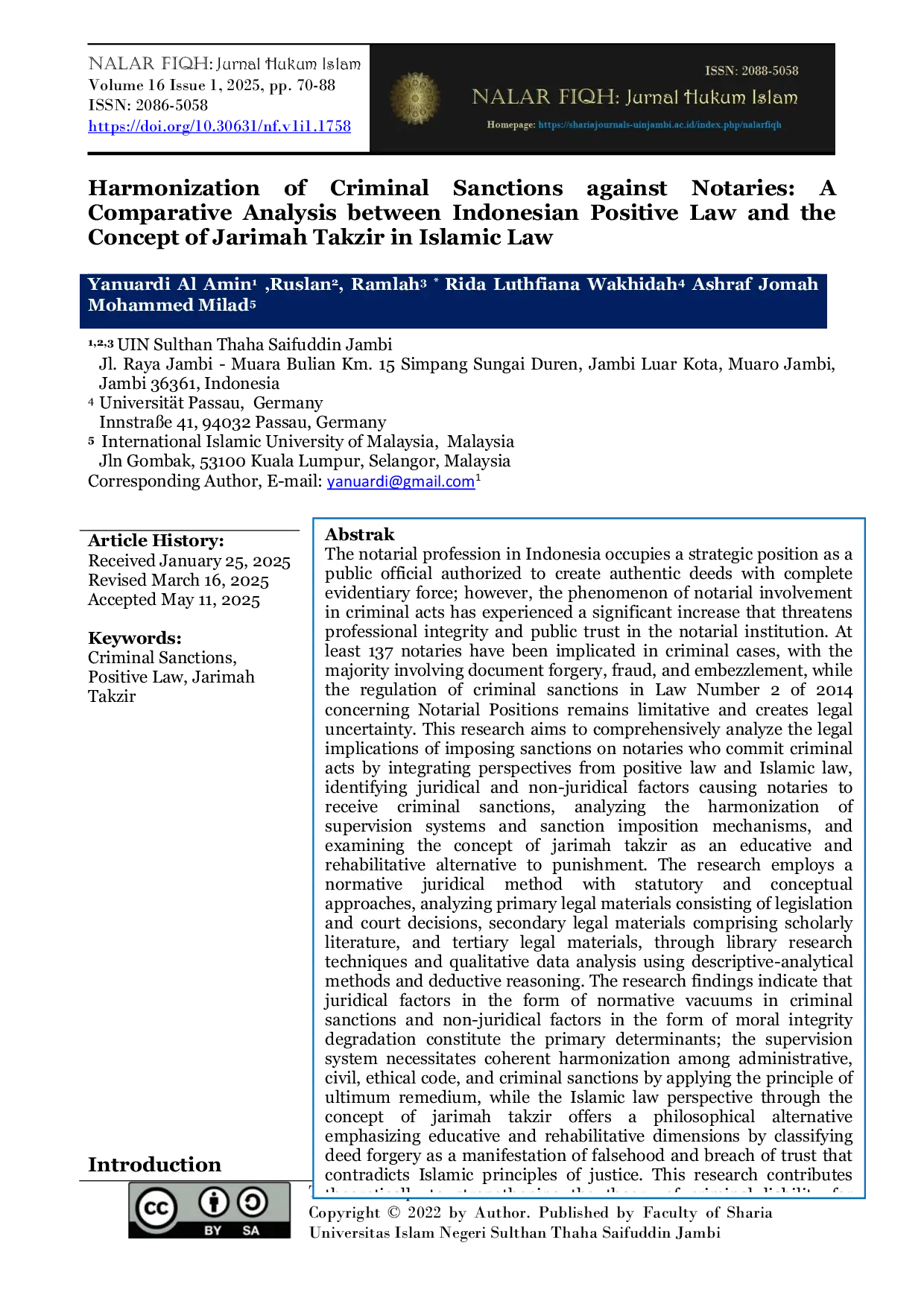 JURIS Harmonization of Criminal Sanctions against Notaries A Comparative Analysis between Indonesian Positive Law and the Concept of Jarimah Takzir in Islamic Law