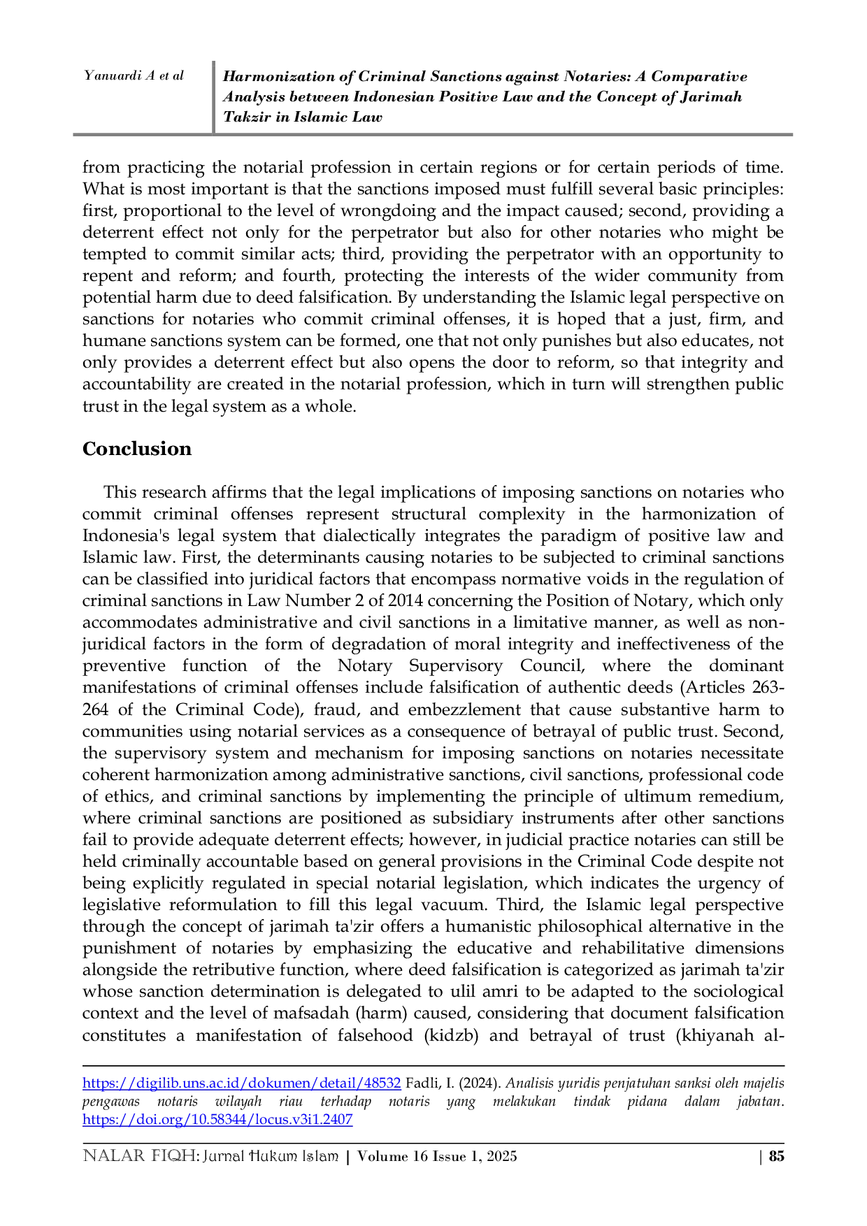 JURIS Harmonization of Criminal Sanctions against Notaries A Comparative Analysis between Indonesian Positive Law and the Concept of Jarimah Takzir in Islamic Law