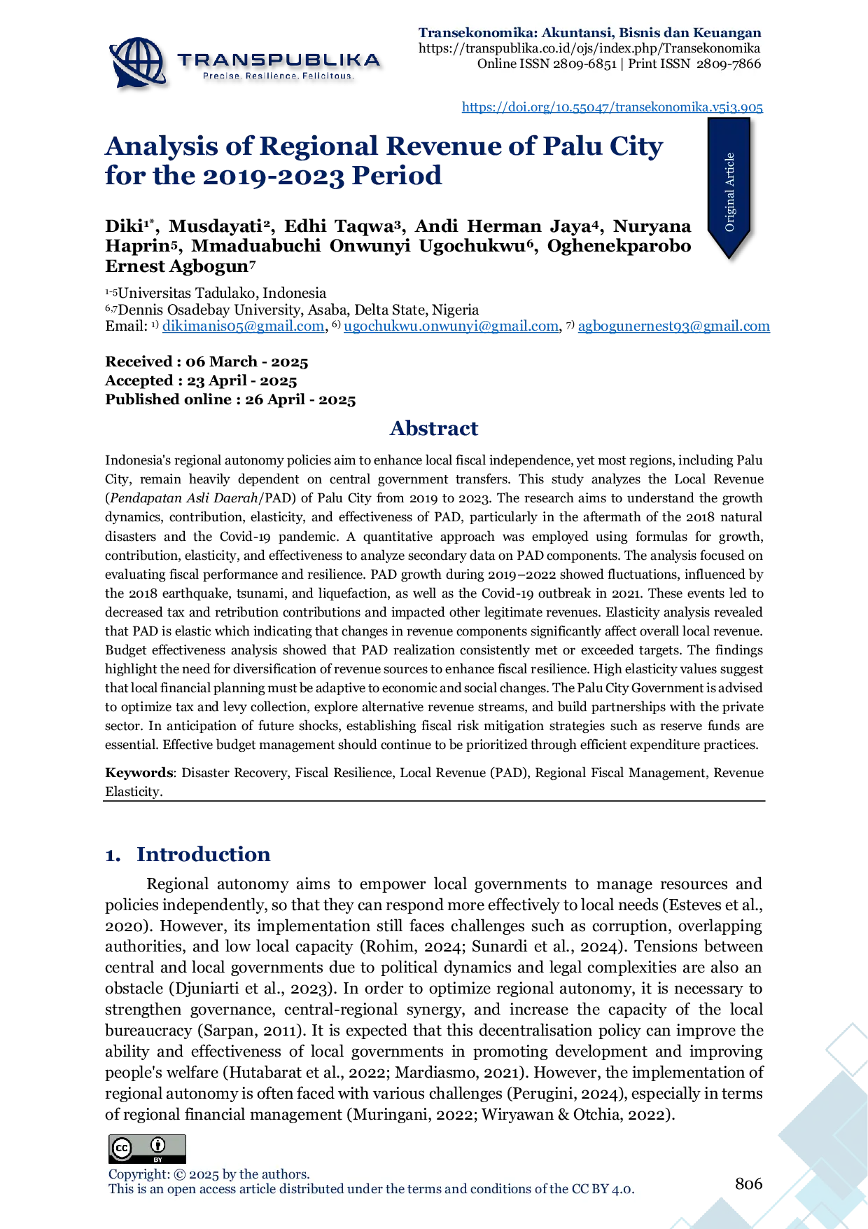 JURIS Analysis of Regional Revenue of Palu City for the 2019 2023 Period