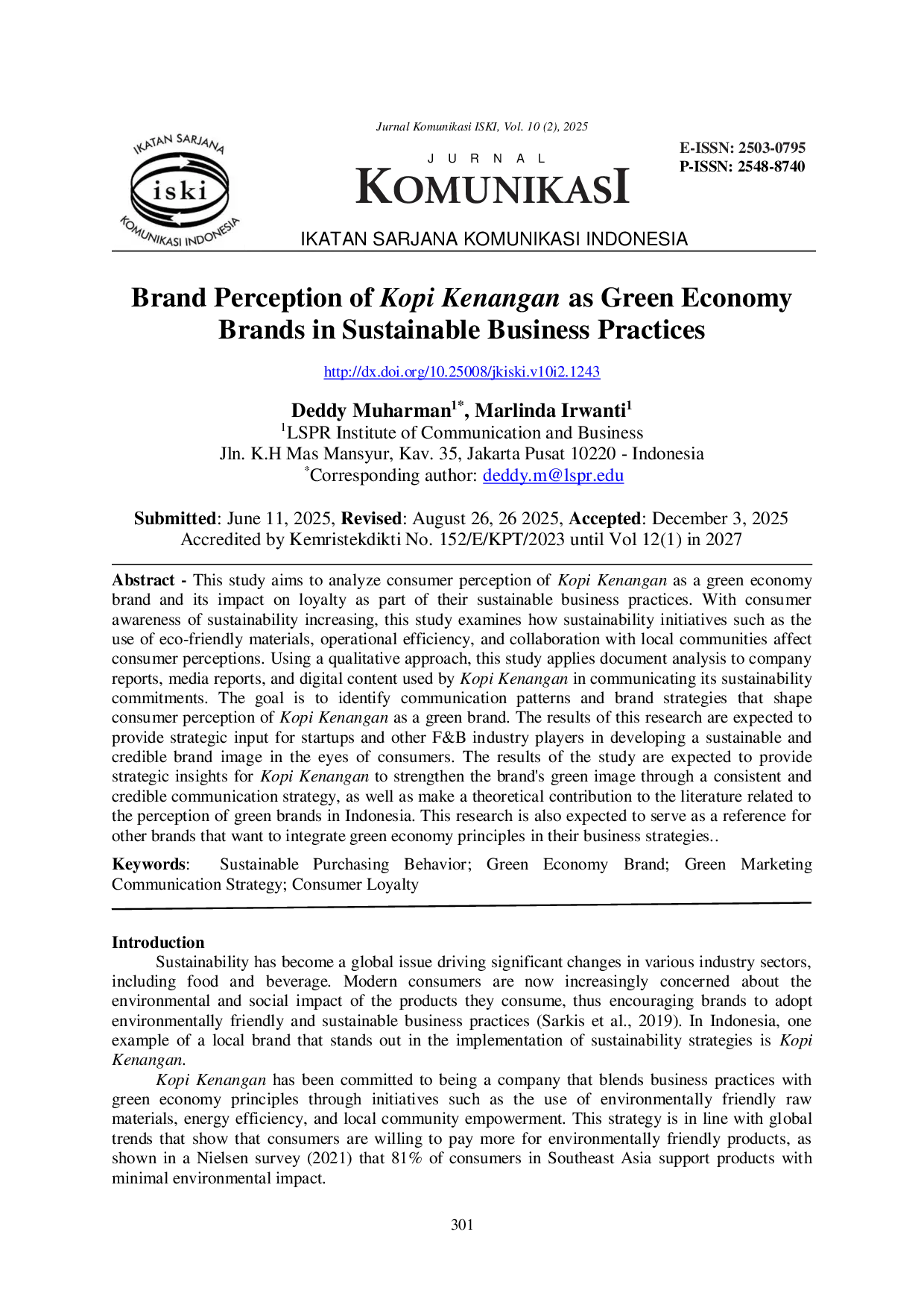 JURIS Brand Perception of Kopi Kenangan as Green Economy Brands in Sustainable Business Practices