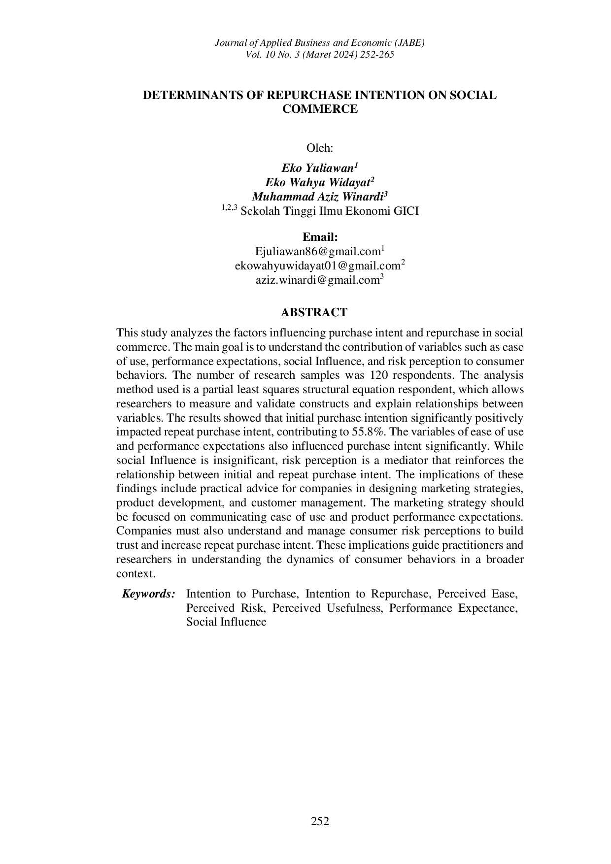 JURIS Determinants of Repurchase Intention on Social Commerce