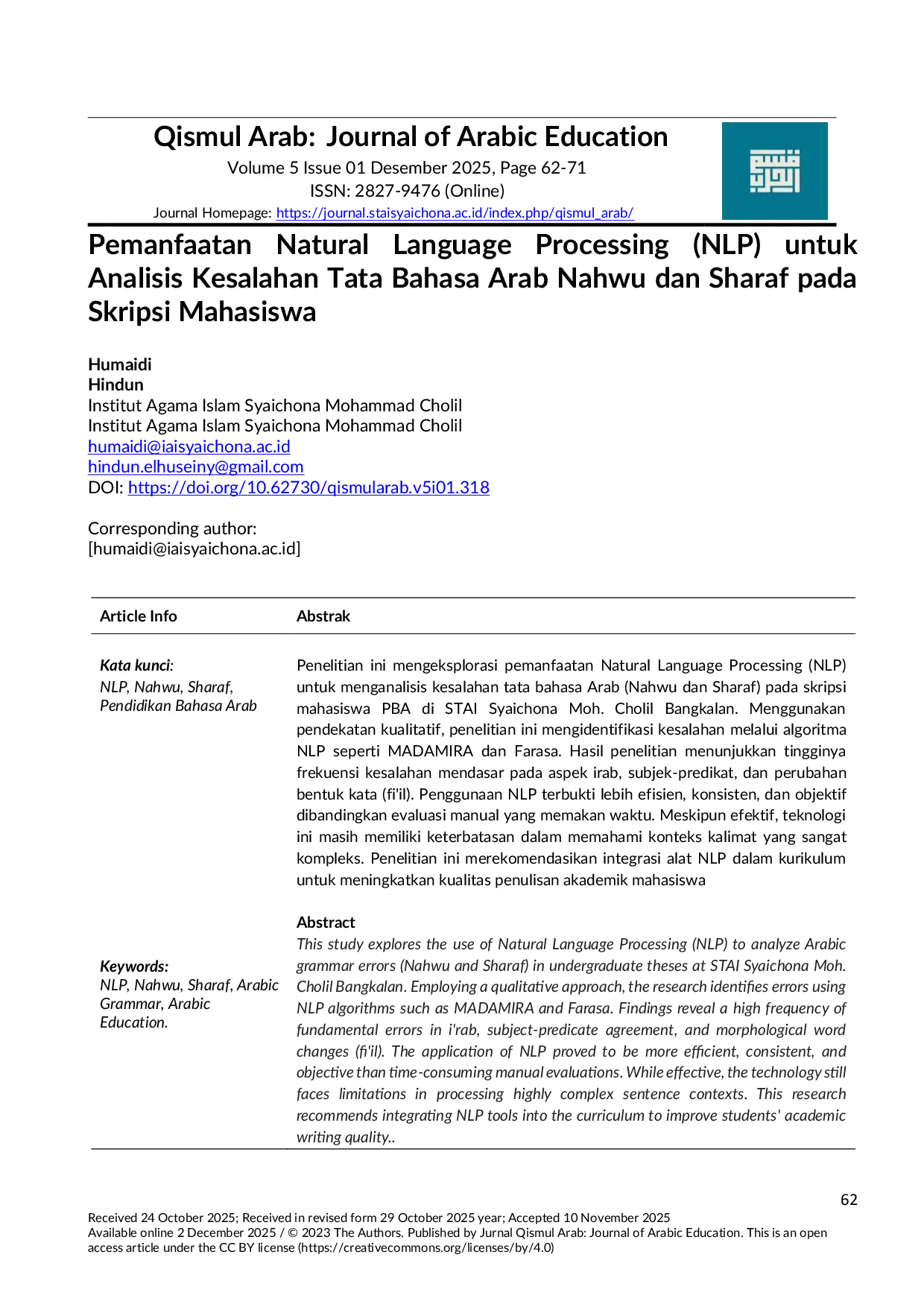 JURIS Pemanfaatan Natural Language Processing NLP untuk Analisis Kesalahan Tata Bahasa Arab Nahwu dan Sharaf pada Skripsi Mahasiswa
