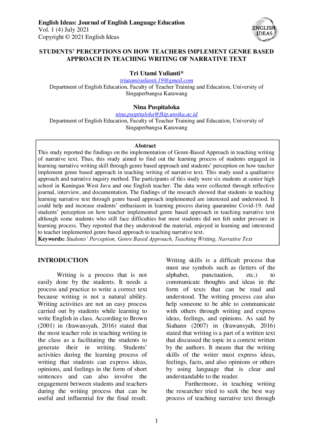 JURIS Persepsi Siswa Tentang Bagaimana Guru Menerapkan Pendekatan Berbasis Genre Dalam Pembelajaran Menulis Teks Naratif