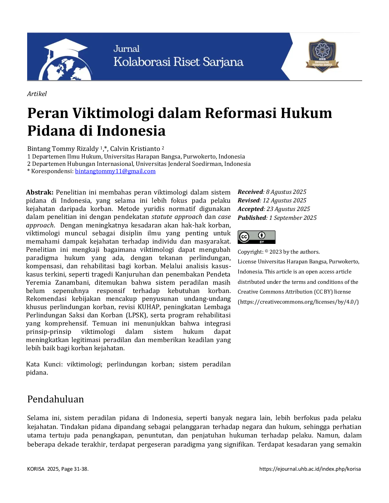 JURIS Peran Viktimologi dalam Reformasi Hukum Pidana di Indonesia