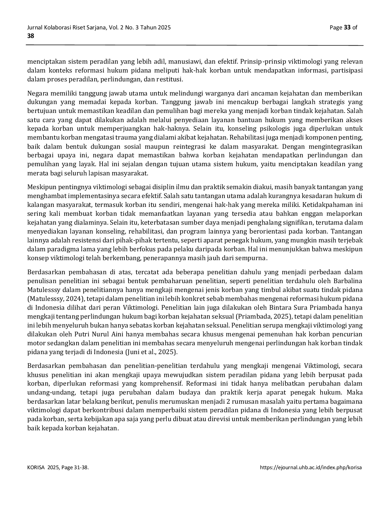 JURIS Peran Viktimologi dalam Reformasi Hukum Pidana di Indonesia