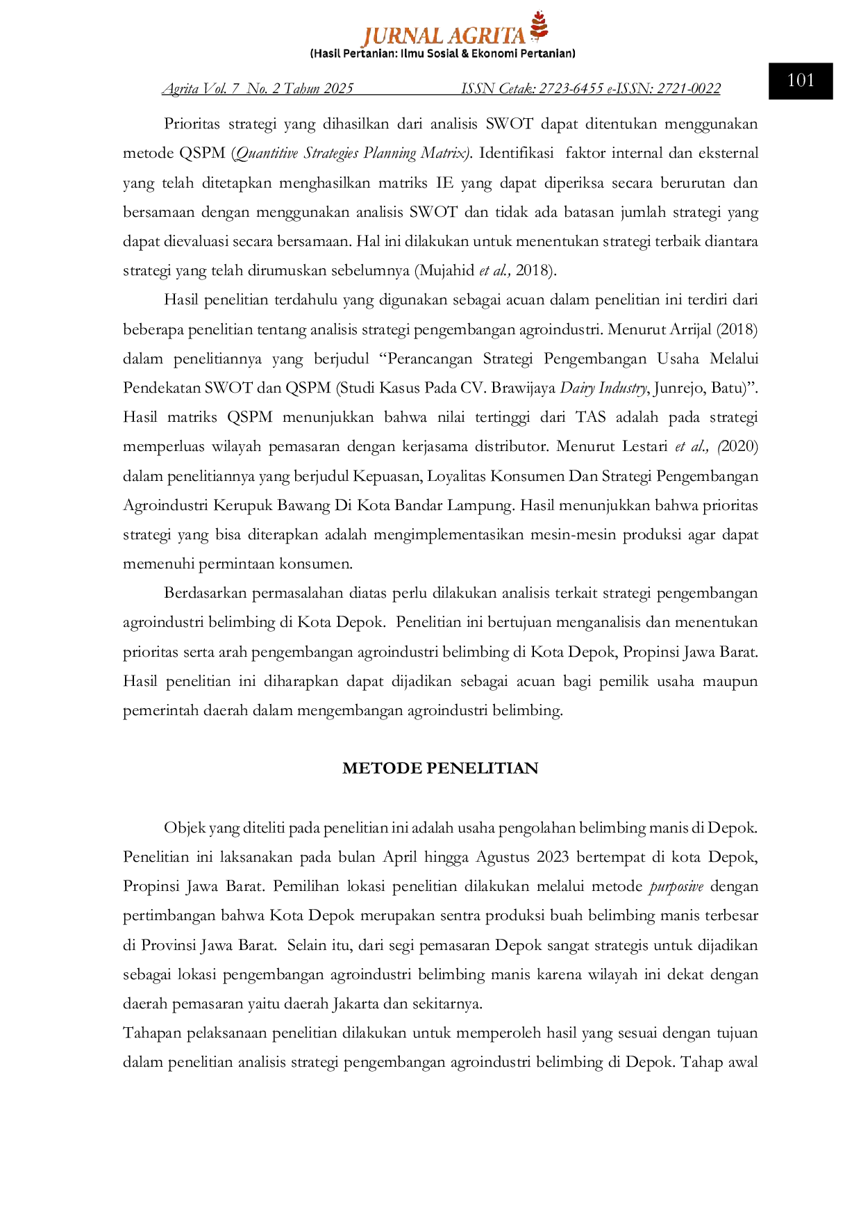JURIS Analisis Strategi Pengembangan Agroindustri Belimbing di Depok dengan Metode SWOT dan QSPM