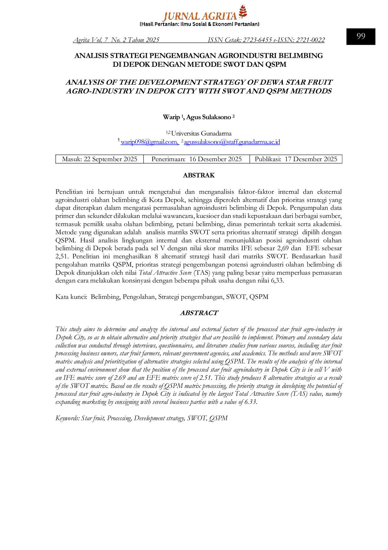 JURIS Analisis Strategi Pengembangan Agroindustri Belimbing di Depok dengan Metode SWOT dan QSPM