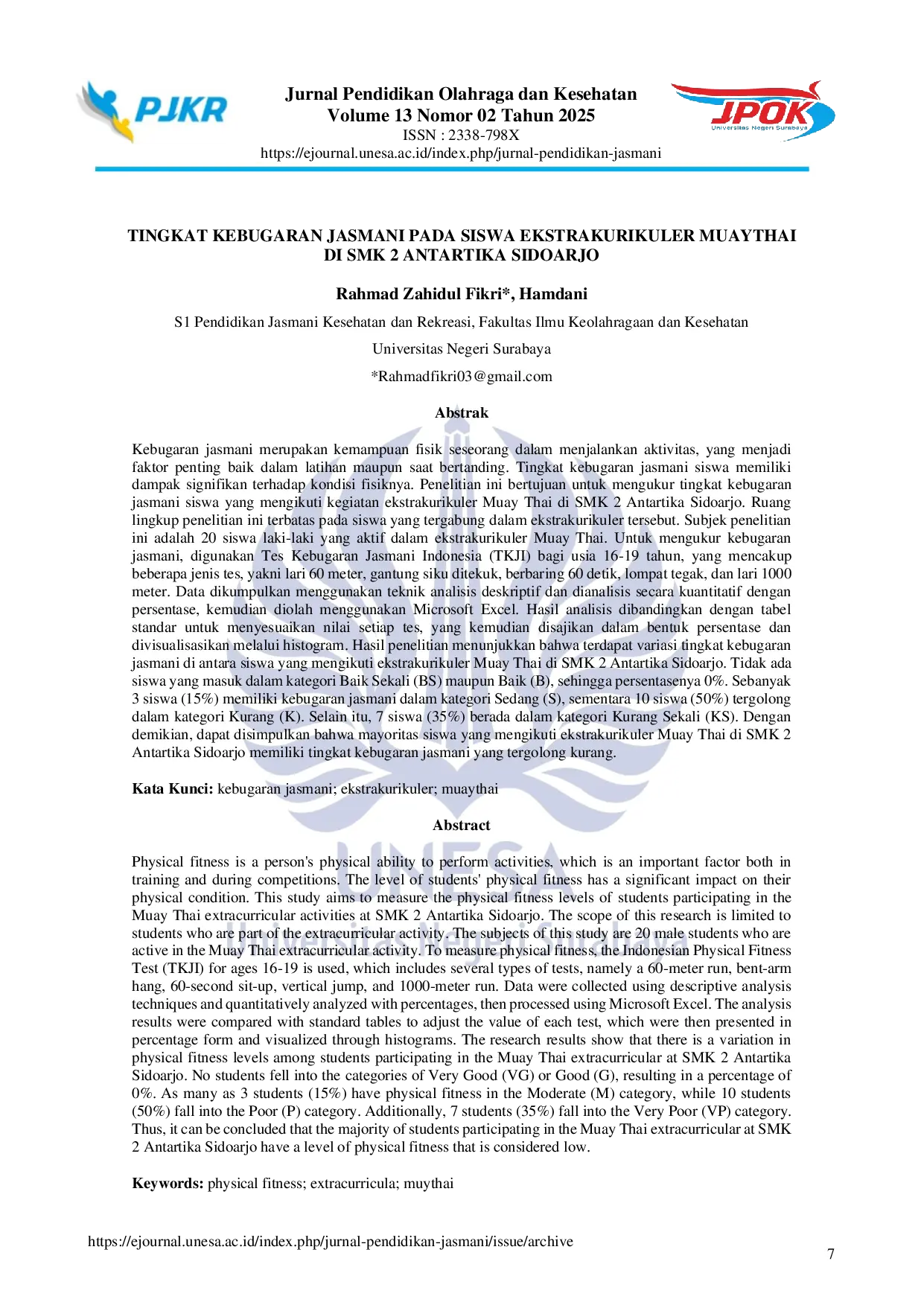 JURIS Tingkat Kebugaran Jasmani Pada Siswa Ekstrakurikuler Muaythai Di SMK 2 Antartika Sidoarjo