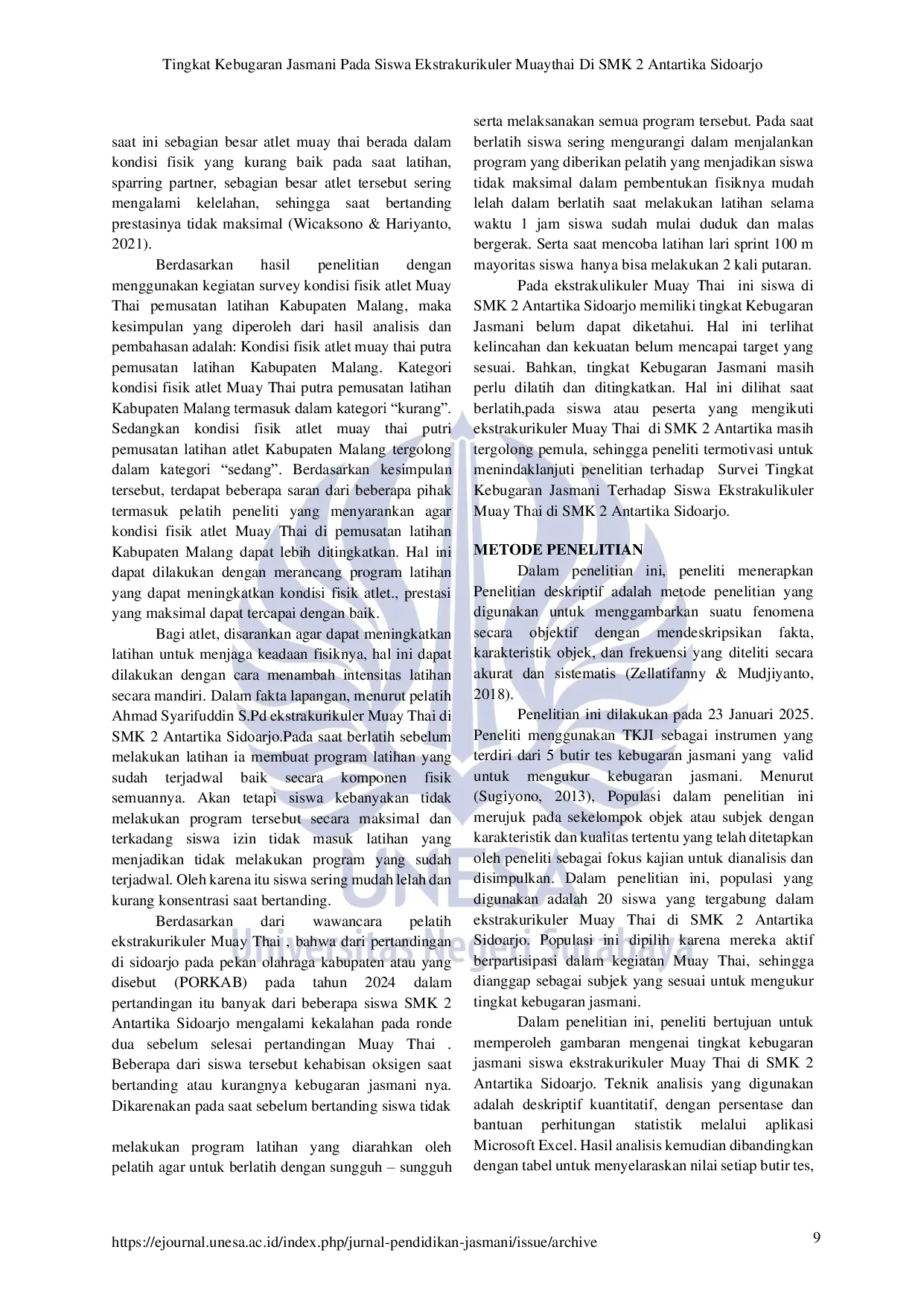 JURIS Tingkat Kebugaran Jasmani Pada Siswa Ekstrakurikuler Muaythai Di SMK 2 Antartika Sidoarjo
