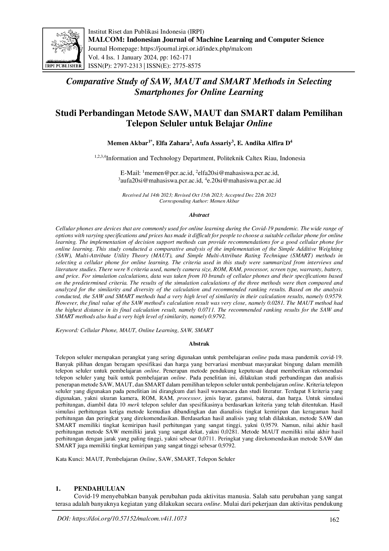 juris Studi Perbandingan Metode SAW MAUT dan SMART dalam Pemilihan Telepon Seluler untuk Belajar Online