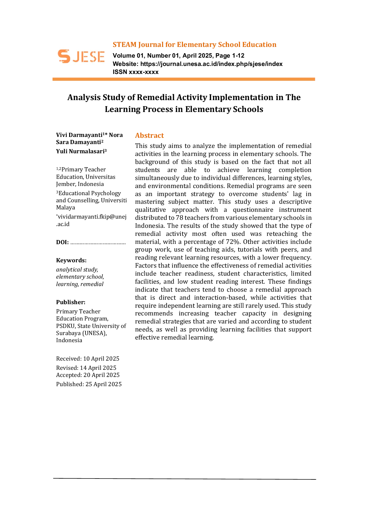 JURIS Analysis Study of Remedial Activity Implementation in The Learning Process in Elementary Schools