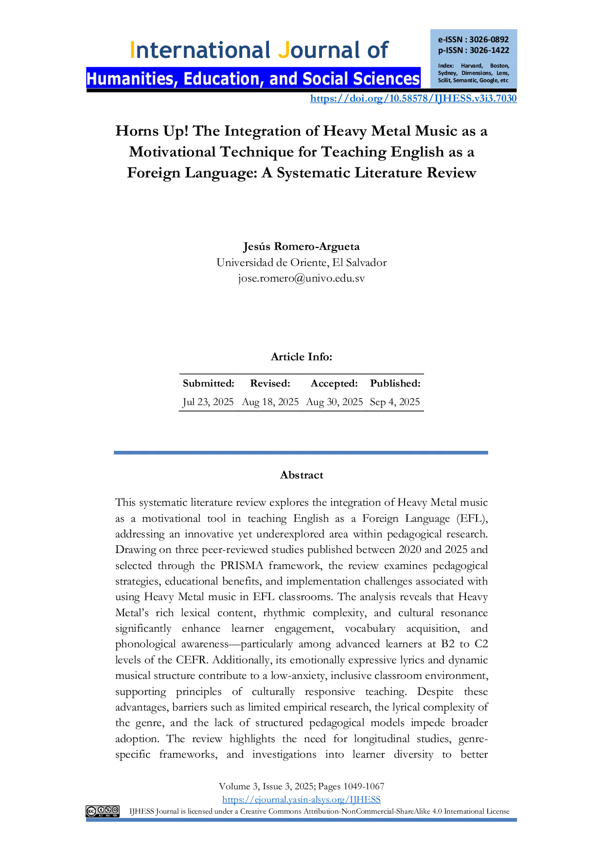 JURIS Horns Up The Integration of Heavy Metal Music as a Motivational Technique for Teaching English as a Foreign Language A Systematic Literature Review
