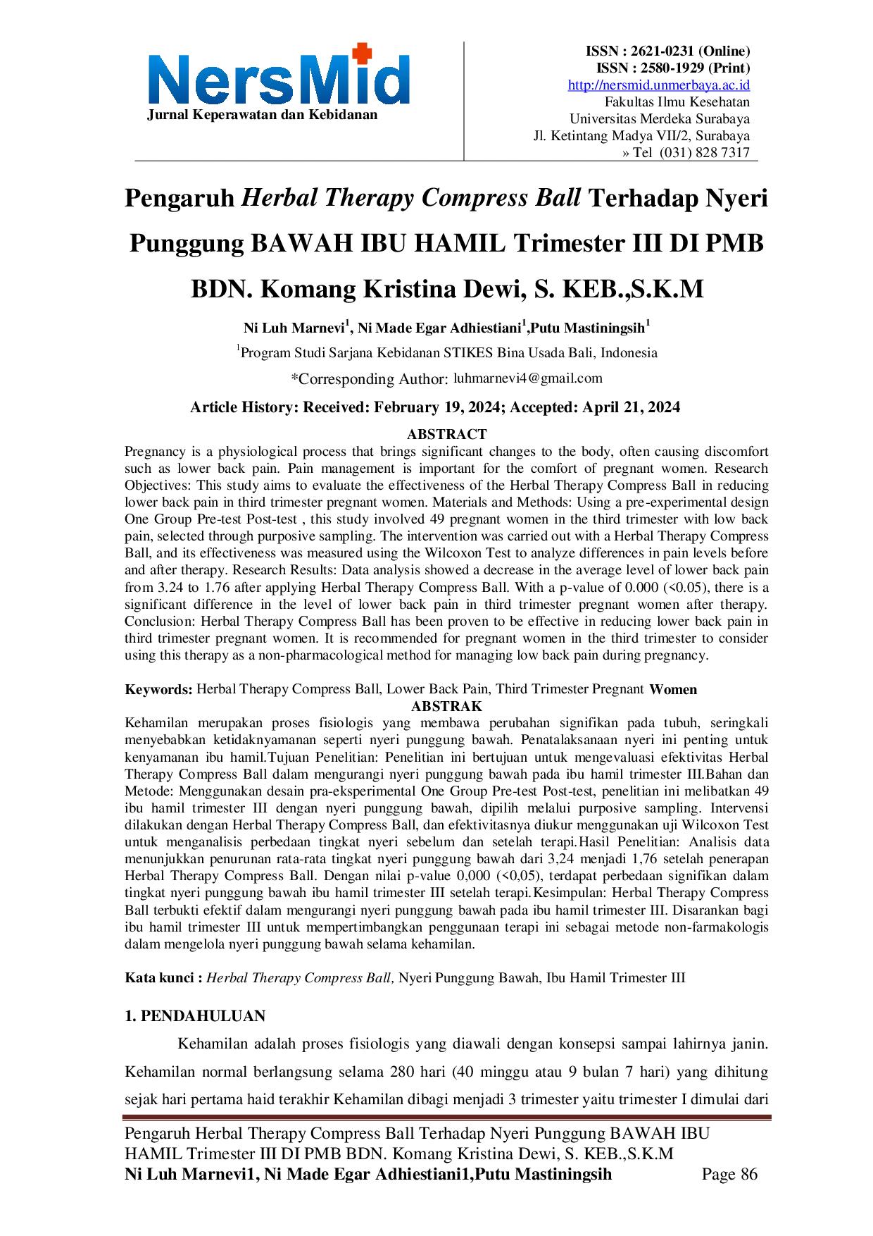 JURIS Pengaruh Herbal Therapy Compress Ball Terhadap Nyeri Punggung Bawah Ibu Hamil Trimester III