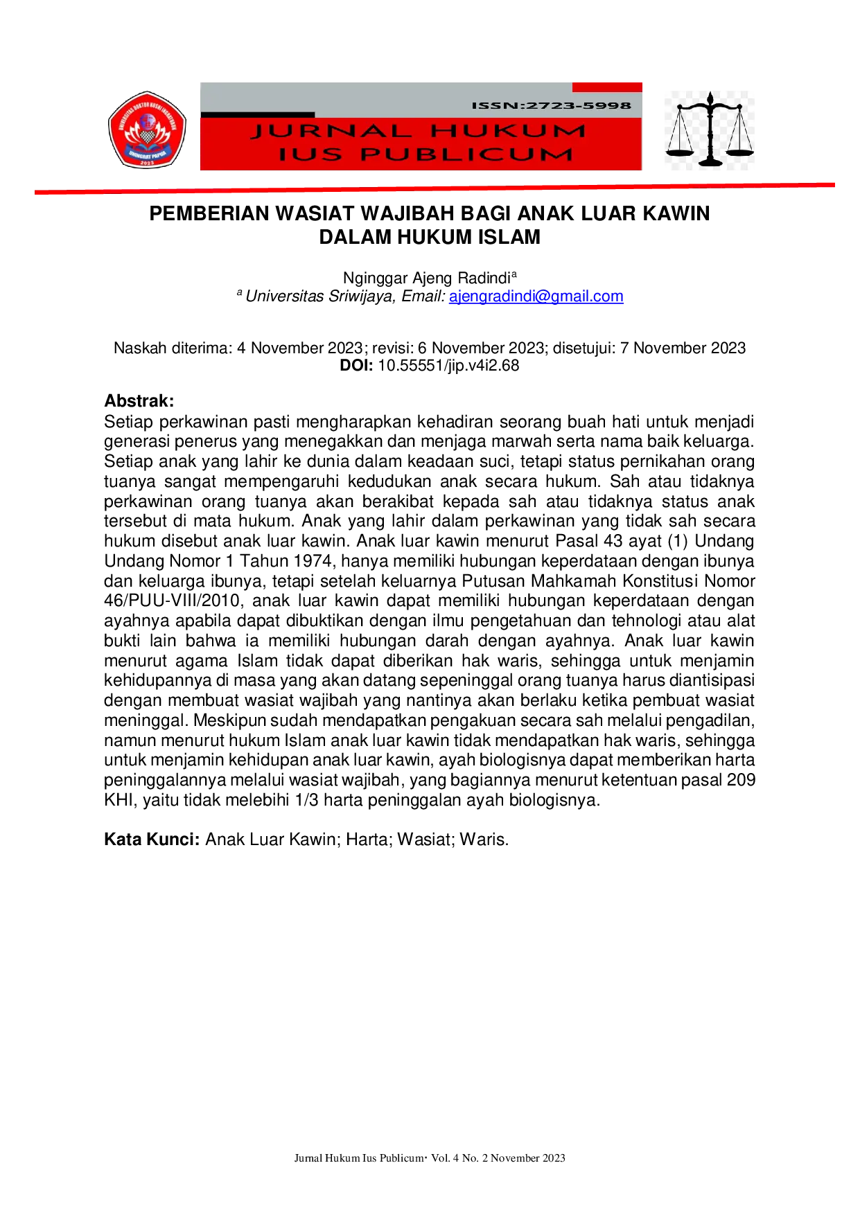 JURIS Pemberian Wasiat Wajibah Bagi Anak Luar Kawin Dalam Hukum Islam