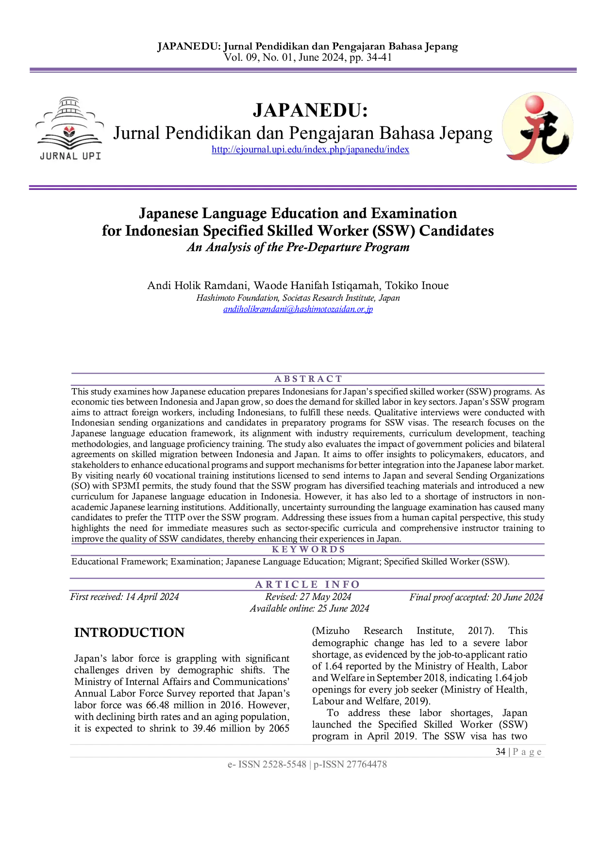 JURIS Japanese Language Education and Examination for Indonesian Specified Skilled Worker SSW Candidates An Analysis of the Pre Departure Program