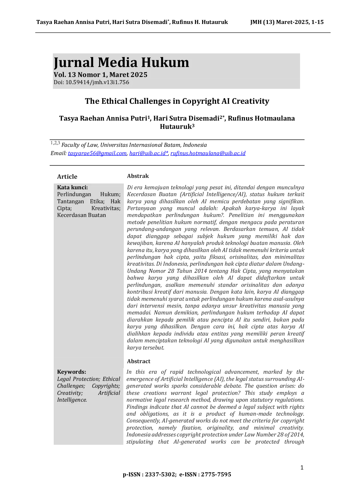 JURIS The Ethical Challenges in Copyright AI Creativity Tantangan Etis dalam Kreativitas AI Hak Cipta
