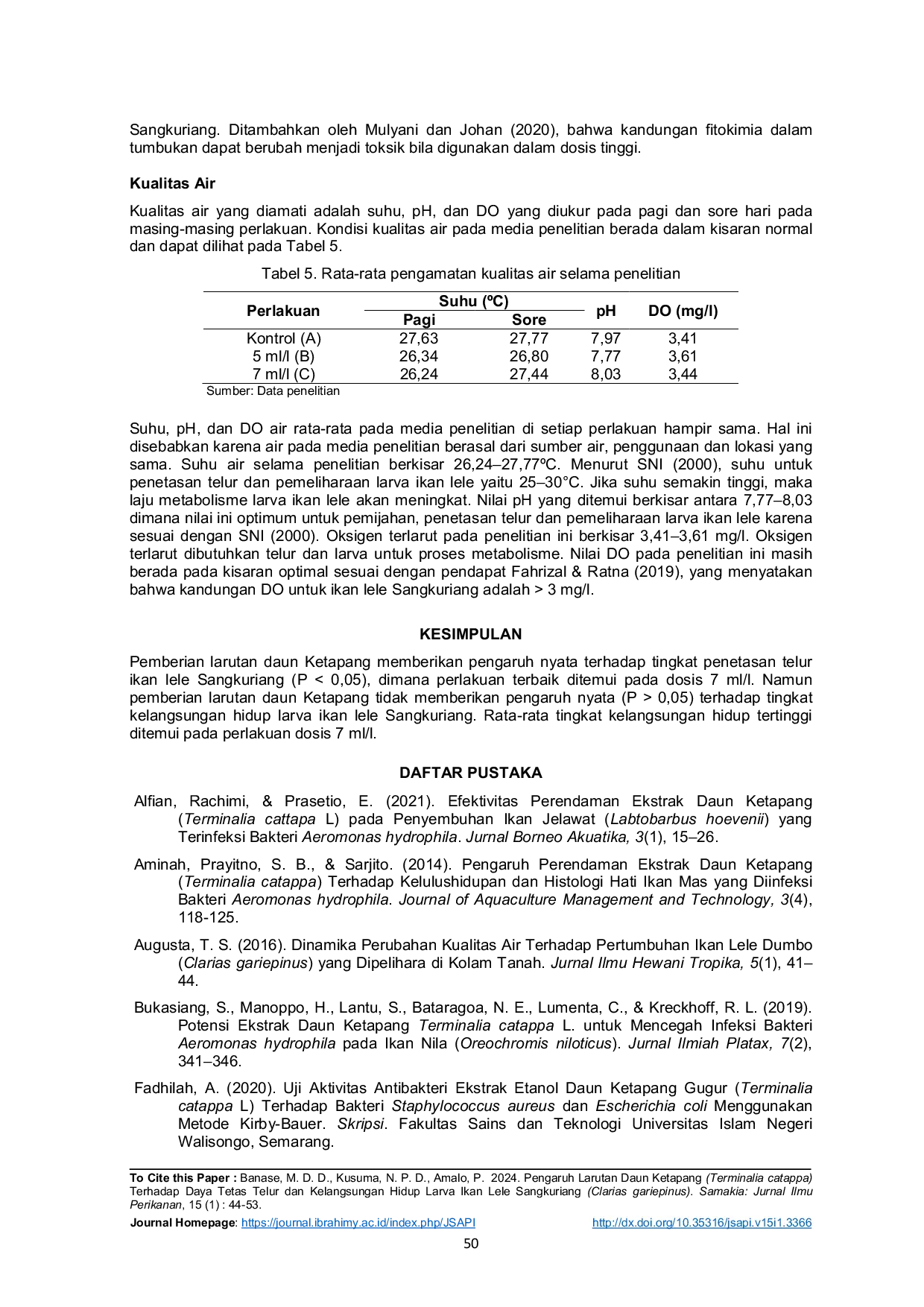 JURIS Pengaruh Larutan Daun Ketapang Terminalia catappa Terhadap Daya Tetas Telur dan Kelangsungan Hidup Larva Ikan Lele Sangkuriang Clarias gariepinus