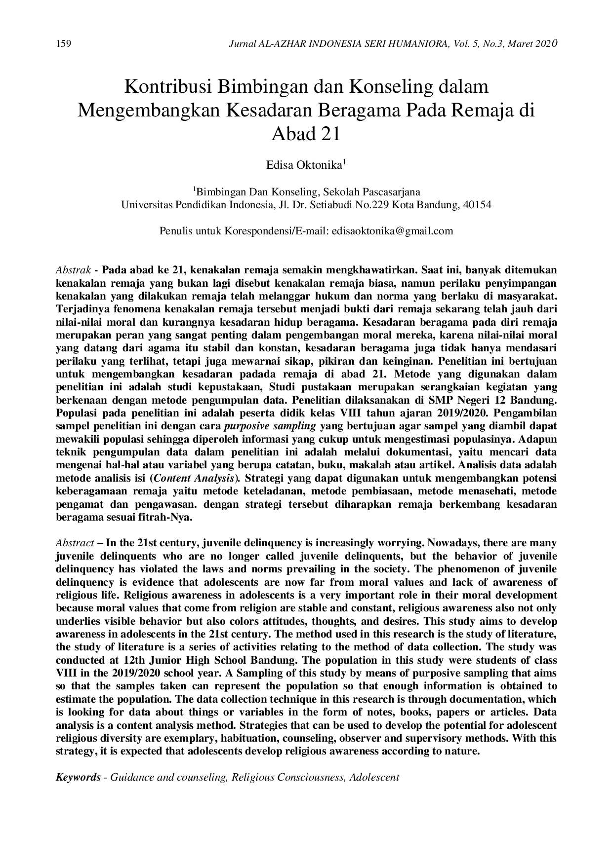 JURIS Kontribusi Bimbingan dan Konseling dalam Mengembangkan Kesadaran Beragama Pada Remaja di Abad 21