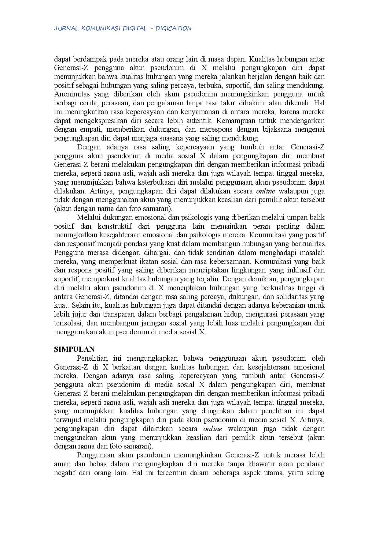 juris Kualitas Hubungan Generasi Z Pengguna Akun Pseudonim Media Sosial X Melalui Pengungkapan Diri