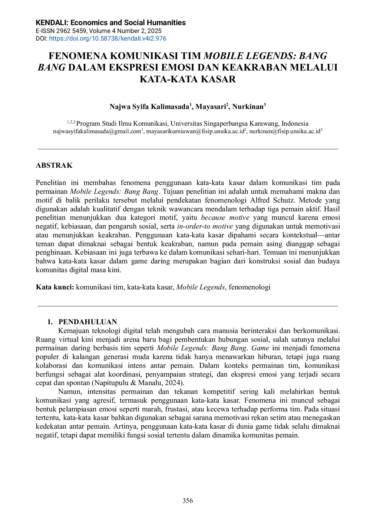 JURIS Fenomena Komunikasi Tim Mobile Legends Bang Bang Dalam Ekspresi Emosi Dan Keakraban Melalui Kata Kata Kasar
