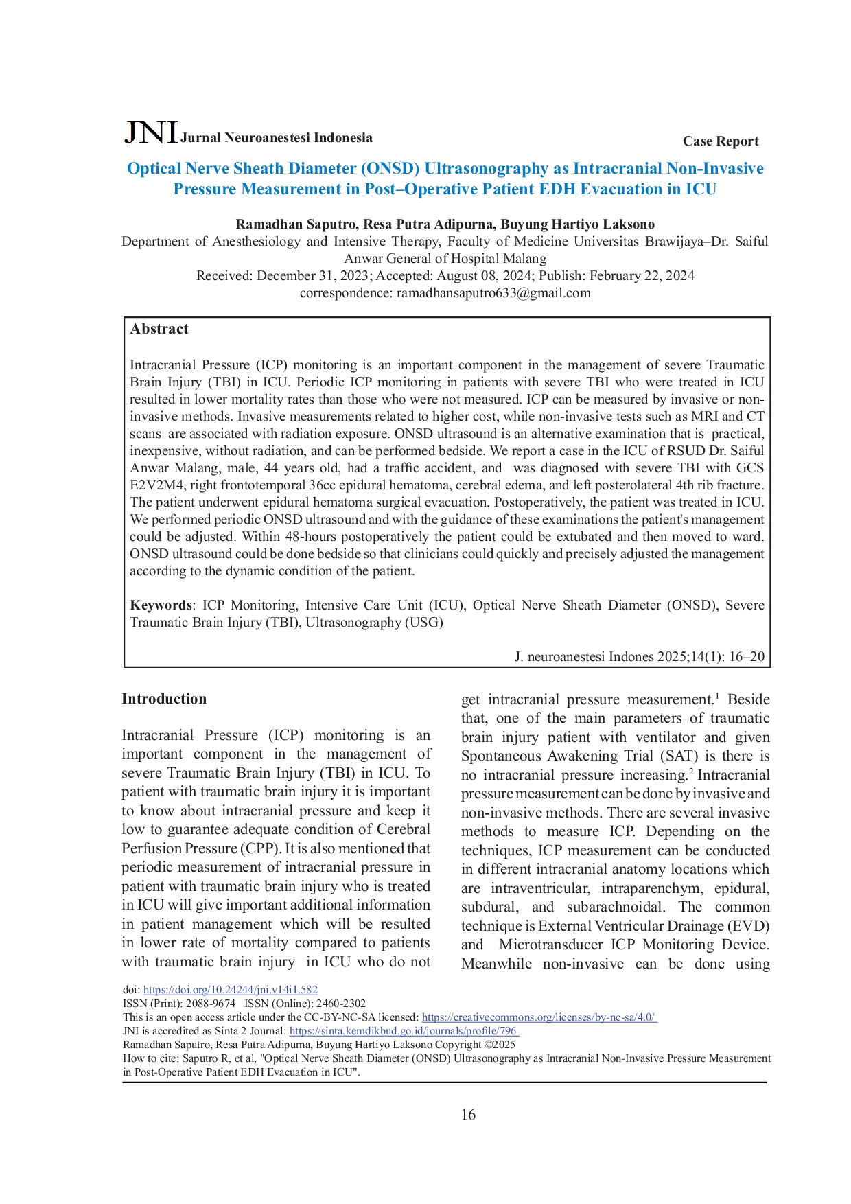 JURIS Optical Nerve Sheath Diameter ONSD Ultrasonography as Intracranial Non Invasive Pressure Measurement in Post Operative Patient EDH Evacuation in ICU