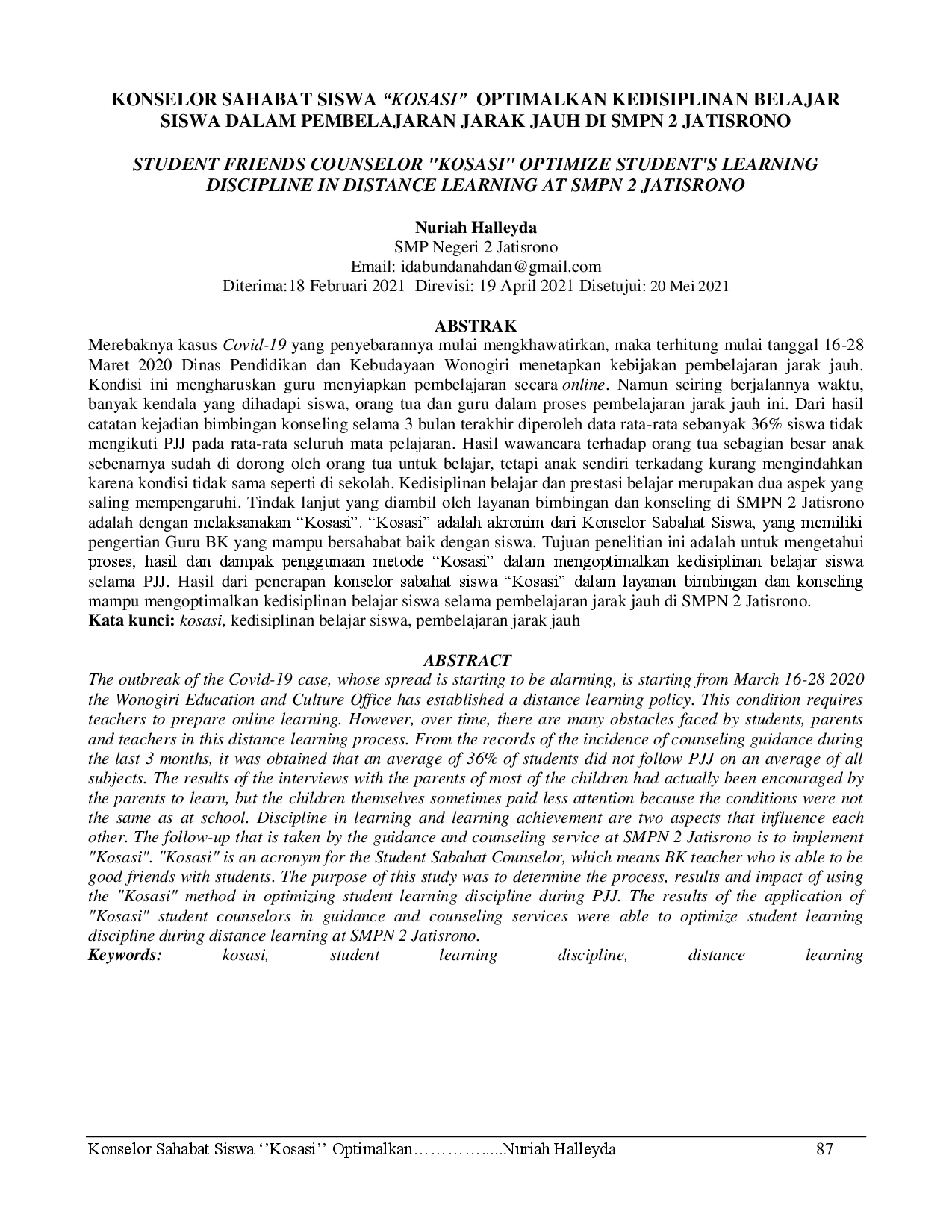 JURIS Konselor Sahabat Siswa Kosasi Optimalkan Kedisiplinan Belajar Siswa Dalam Pembelajaran Jarak Jauh di SMPN 2 Jatisrono