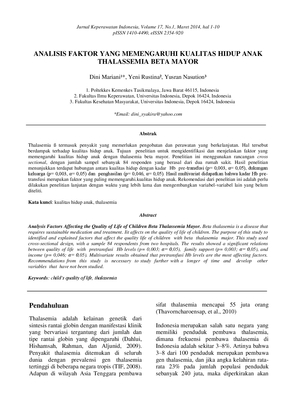 juris Analisis Faktor yang Memengaruhi Kualitas Hidup Anak Thalassemia Beta Mayor