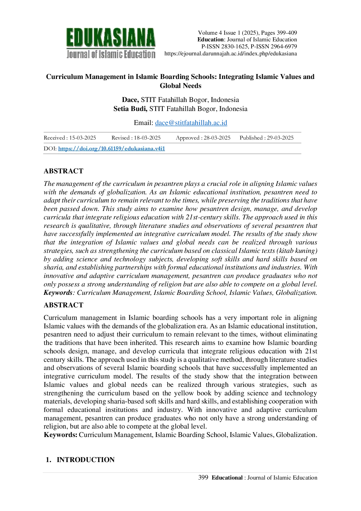 JURIS Curriculum Management in Islamic Boarding Schools Integrating Islamic Values and Global Needs
