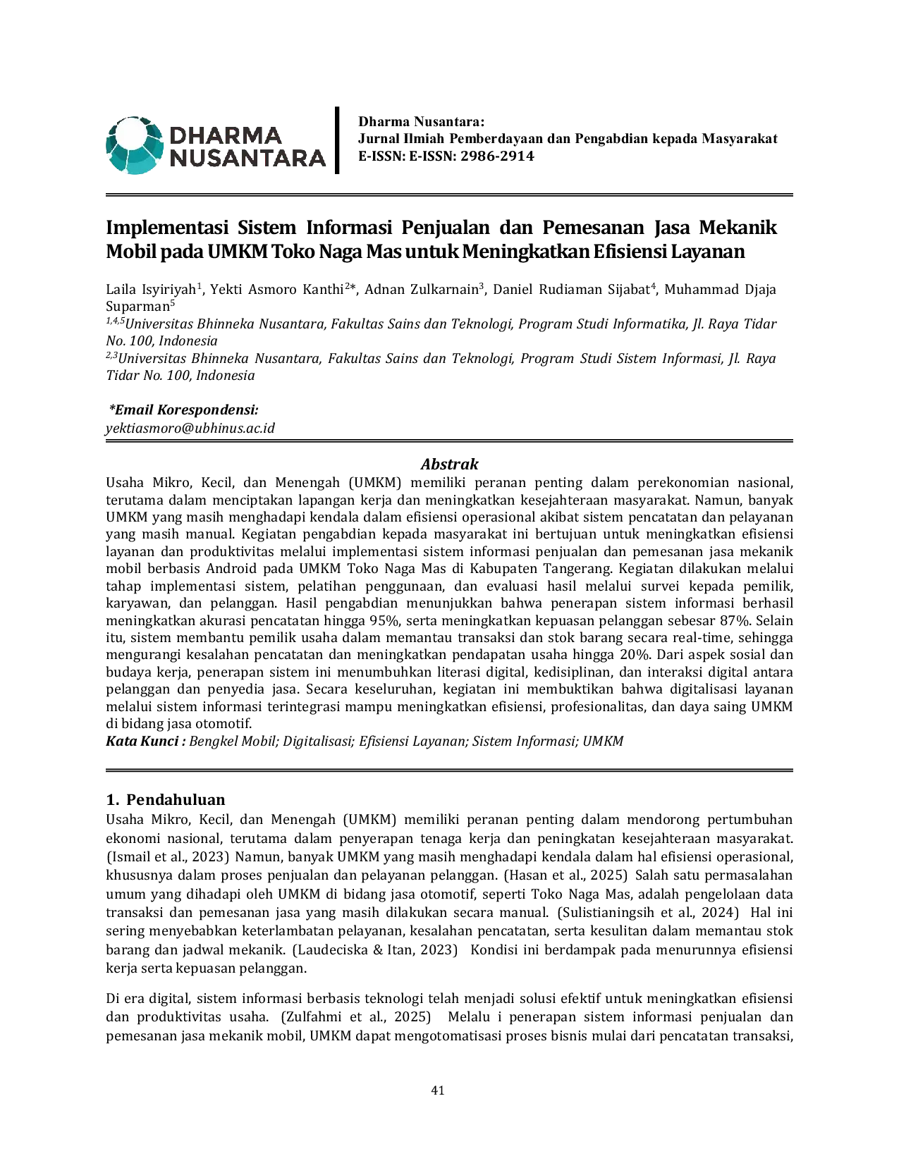 JURIS Implementasi Sistem Informasi Penjualan dan Pemesanan Jasa Mekanik Mobil pada UMKM Toko Naga Mas untuk Meningkatkan Efisiensi Layanan