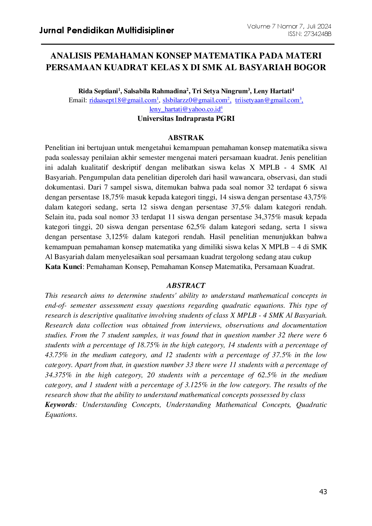 juris Analisis Kemampuan Pemahaman Konsep Matematika Pada Materi Persamaan Kuadrat Kelas X Di Smk Al Basyariah Bogor
