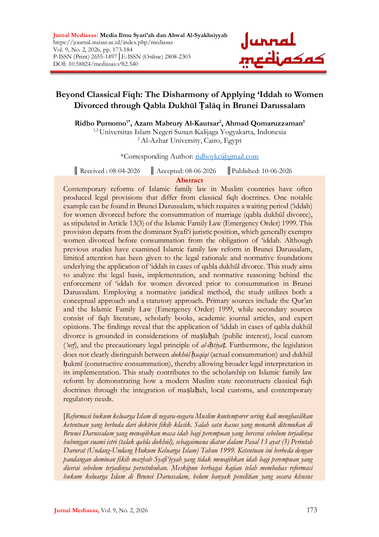 JURIS Beyond Classical Fiqh The Disharmony of Applying Iddah to Women Divorced through Qabla Dukhul Talaq in Brunei Darussalam