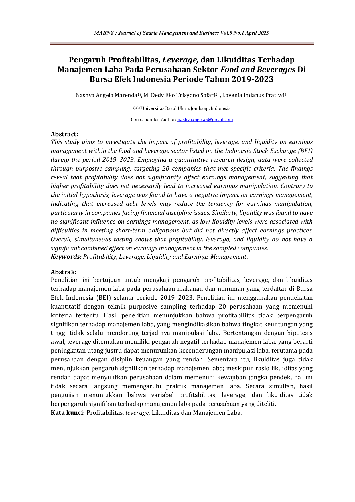 JURIS Pengaruh Profitabilitas Leverage dan Likuiditas Terhadap Manajemen Laba Pada Perusahaan Sektor Food and Beverages Di Bei Periode Tahun 2019 2023