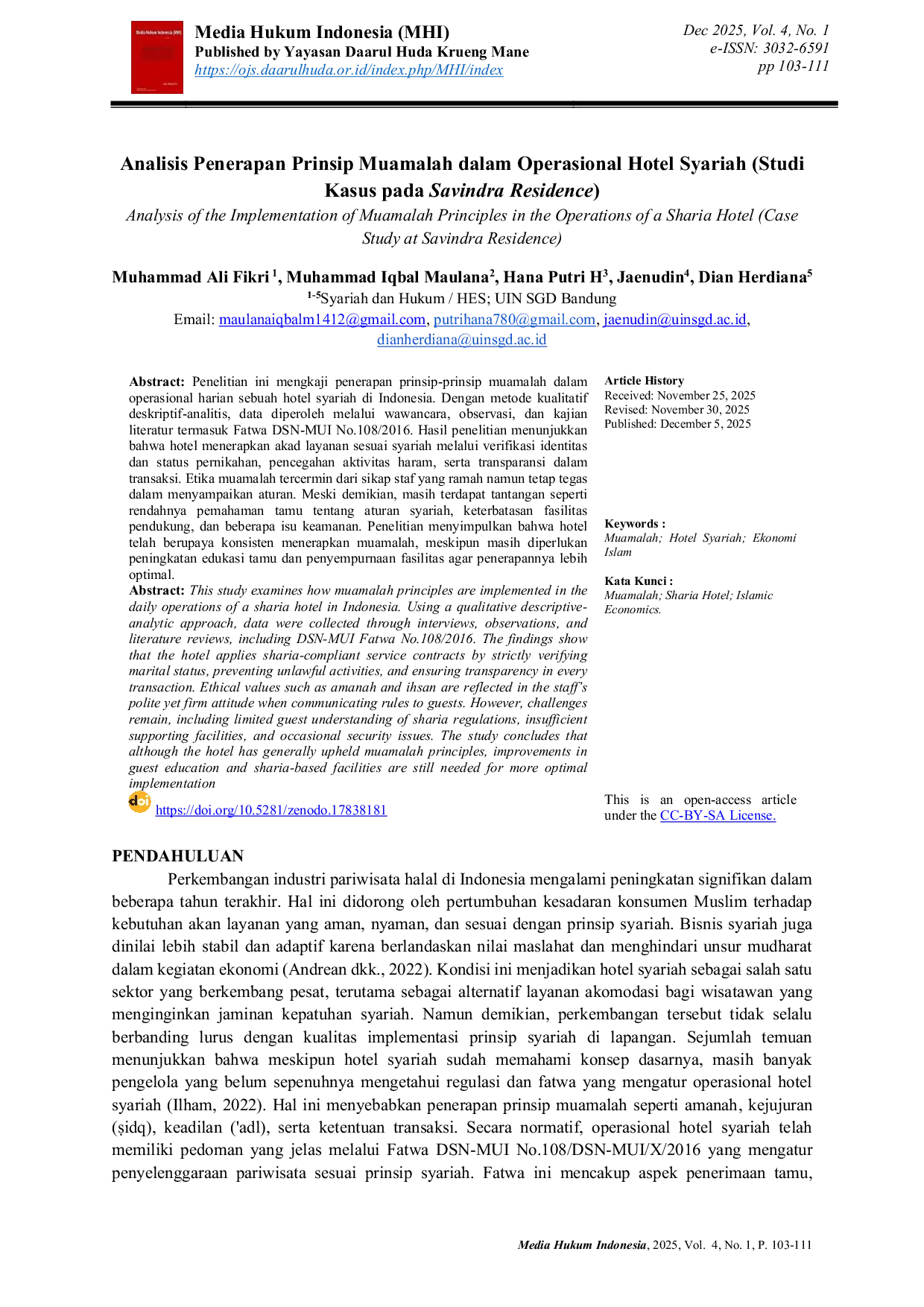 JURIS Analysis of the Implementation of Muamalah Principles in the Operations of a Sharia Hotel Case Study at Savindra Residence
