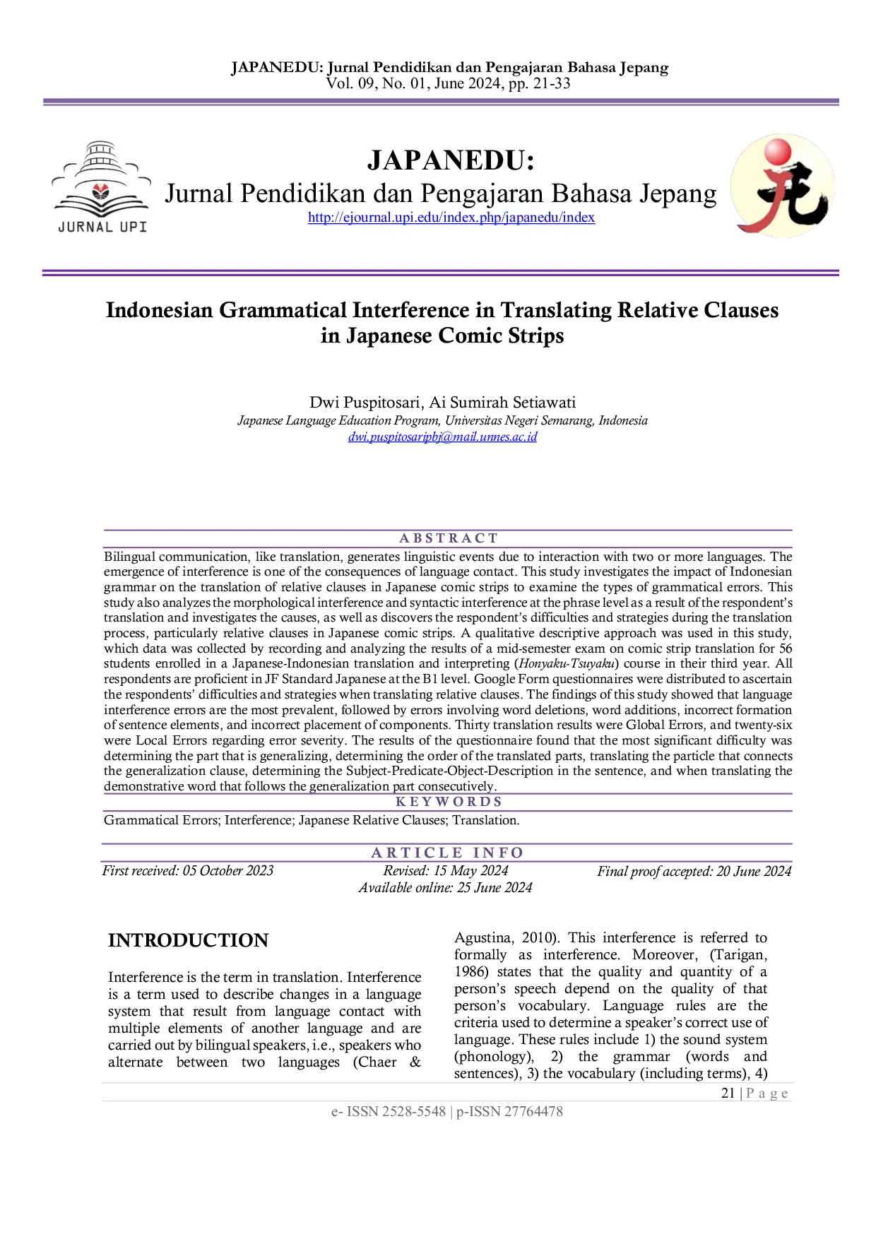 JURIS Indonesian Grammatical Interference in Translating Relative Clauses in Japanese Comic Strips