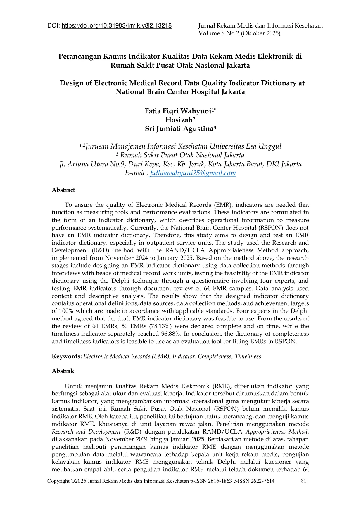 JURIS Design of Electronic Medical Record Data Quality Indicator Dictionary at National Brain Center Hospital Jakarta