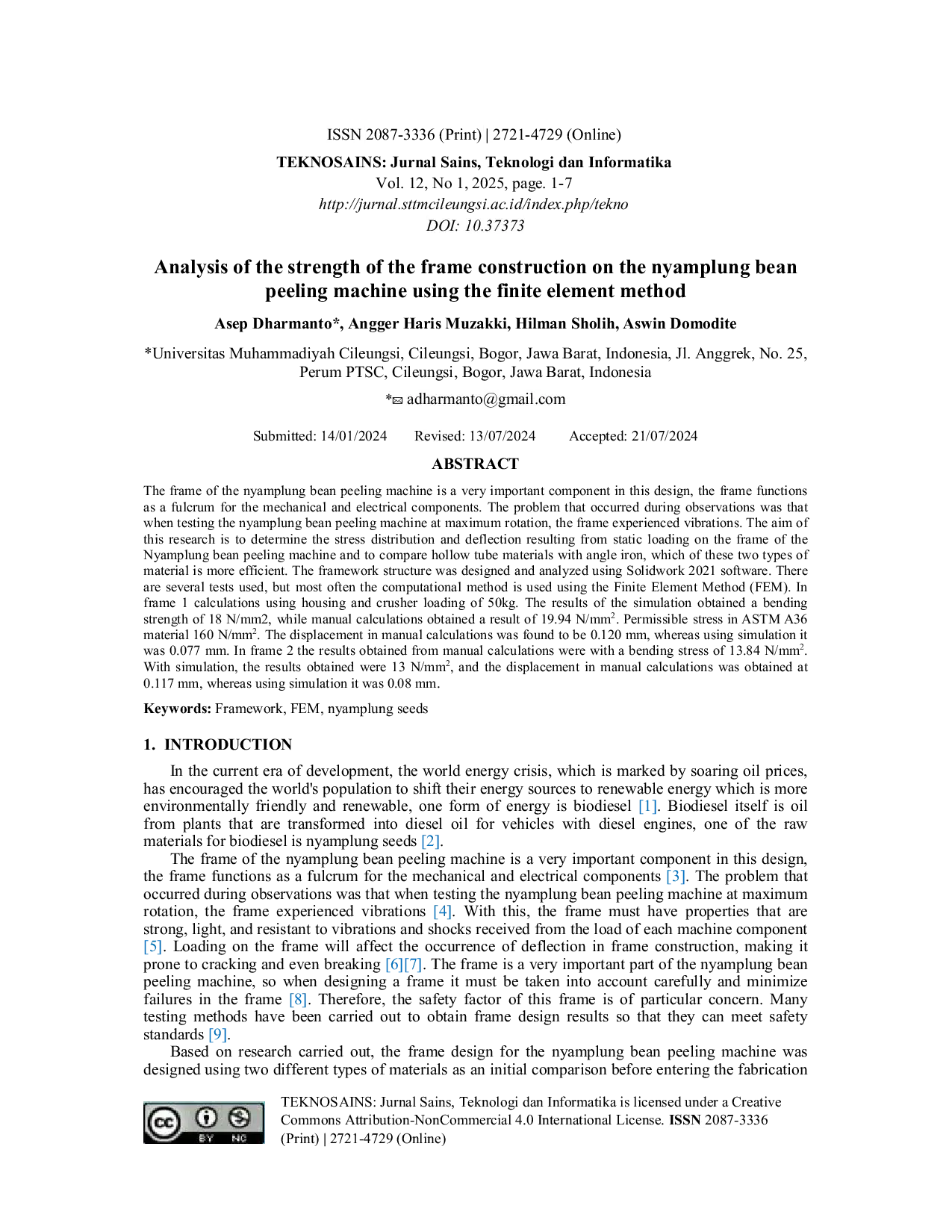 JURIS Analysis of the strength of the frame construction on the nyamplung bean peeling machine using the finite element method