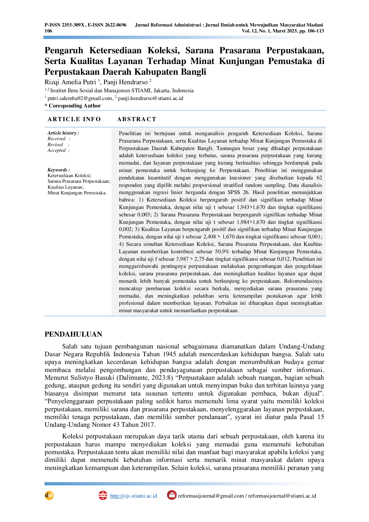 JURIS Pengaruh Ketersediaan Koleksi Sarana Prasarana Perpustakaan Serta Kualitas Layanan Terhadap Minat Kunjungan Pemustaka di Perpustakaan Daerah Kabupaten Bangli