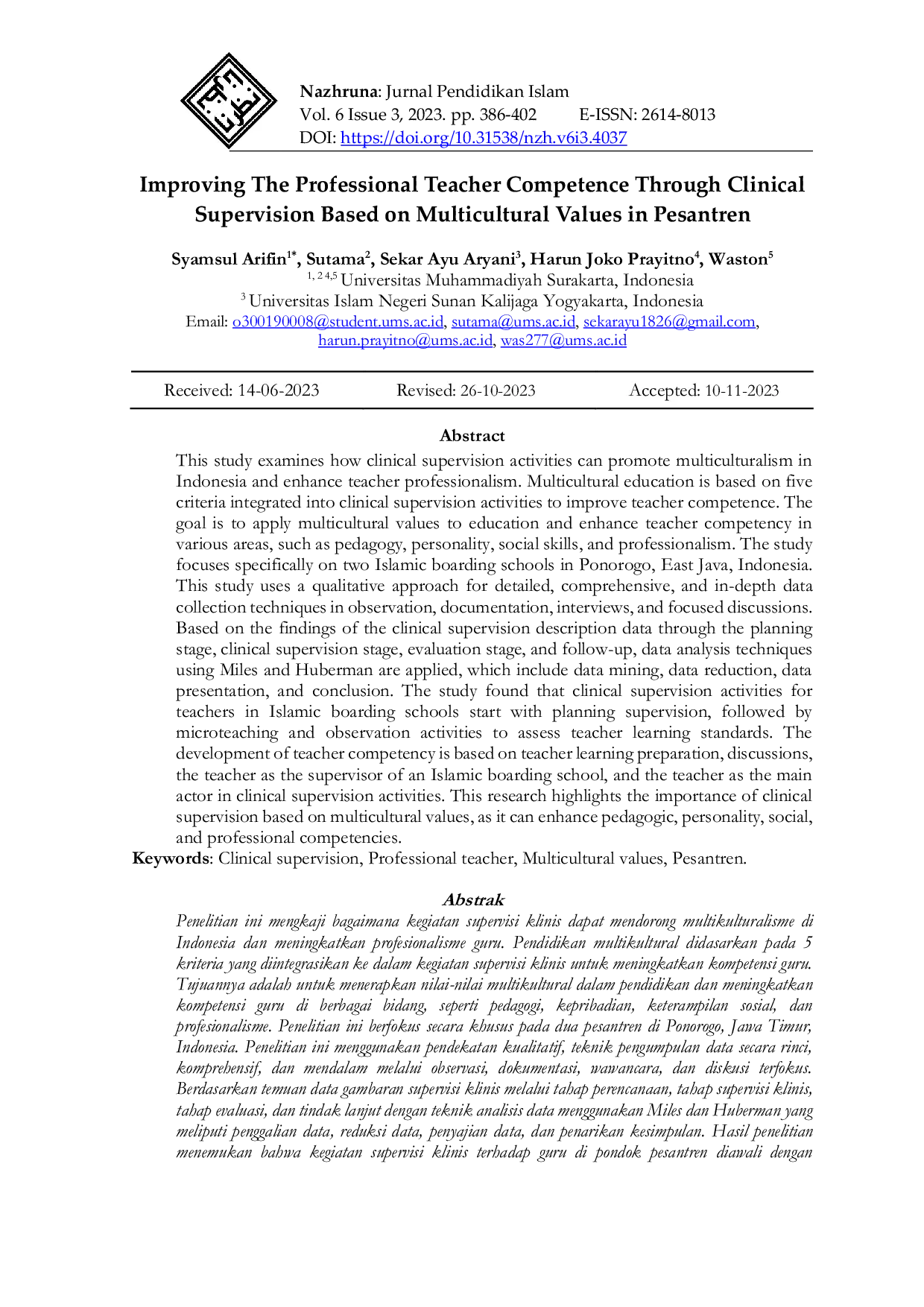 JURIS Improving The Professional Teacher Competence Through Clinical Supervision Based on Multicultural Values in Pesantren