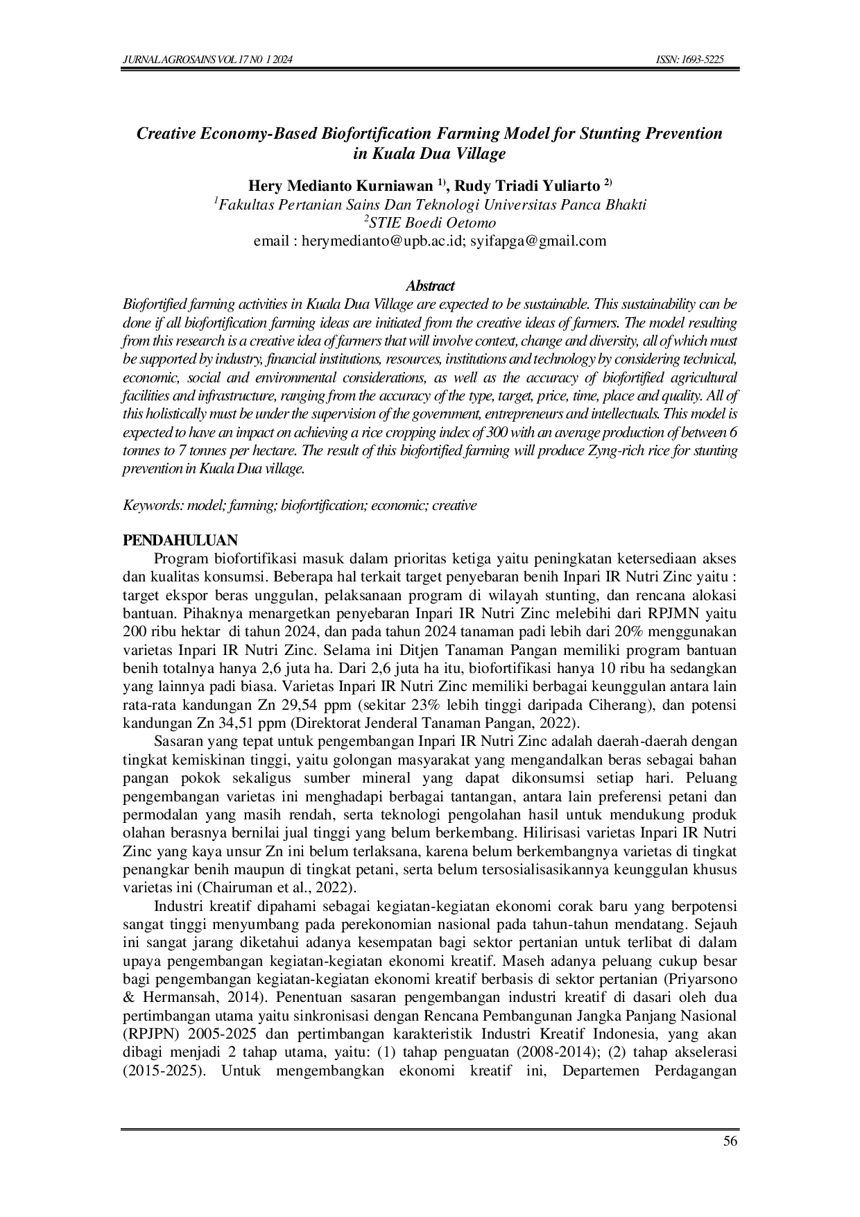 JURIS Creative Economy Based Biofortification Farming Model for Stunting Prevention in Kuala Dua Village